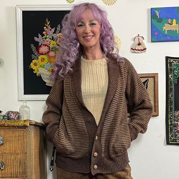 Vintage Grandpa Cardigan, 1970s Brown Tweed Deep V-Neck Button Front Sweater Lg - Picture 13 of 14